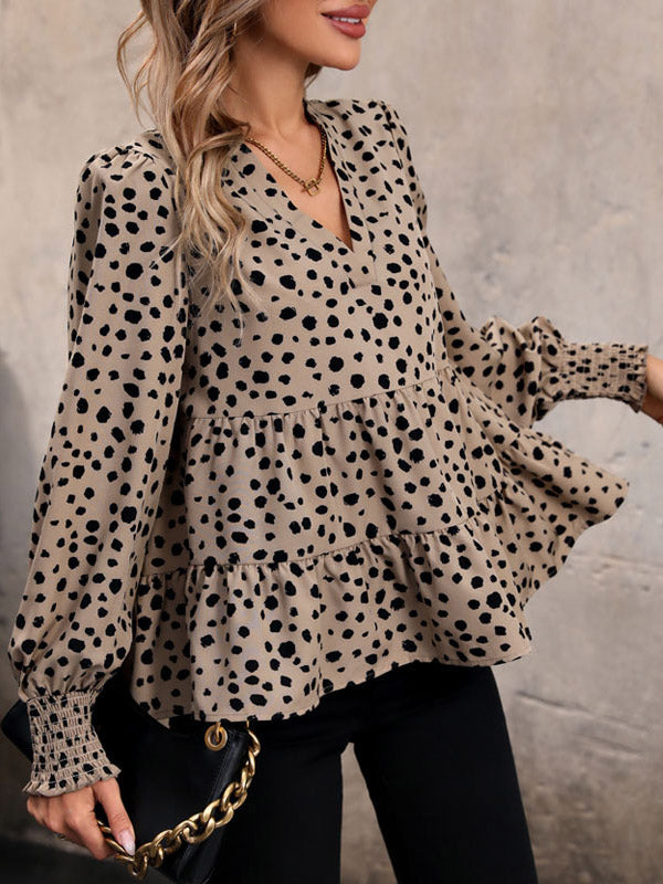 Long Sleeves Loose Elasticity Polka-dot Split-joint V-neck Blouses&shirts Tops