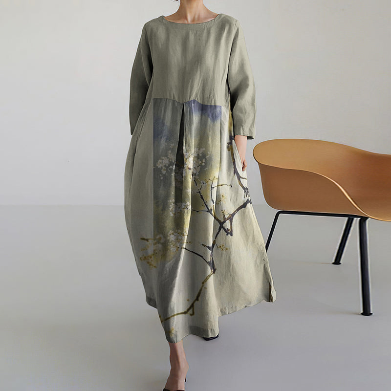 Women Japanese Art Pattern Linen Blend Maxi Dress elevenforest
