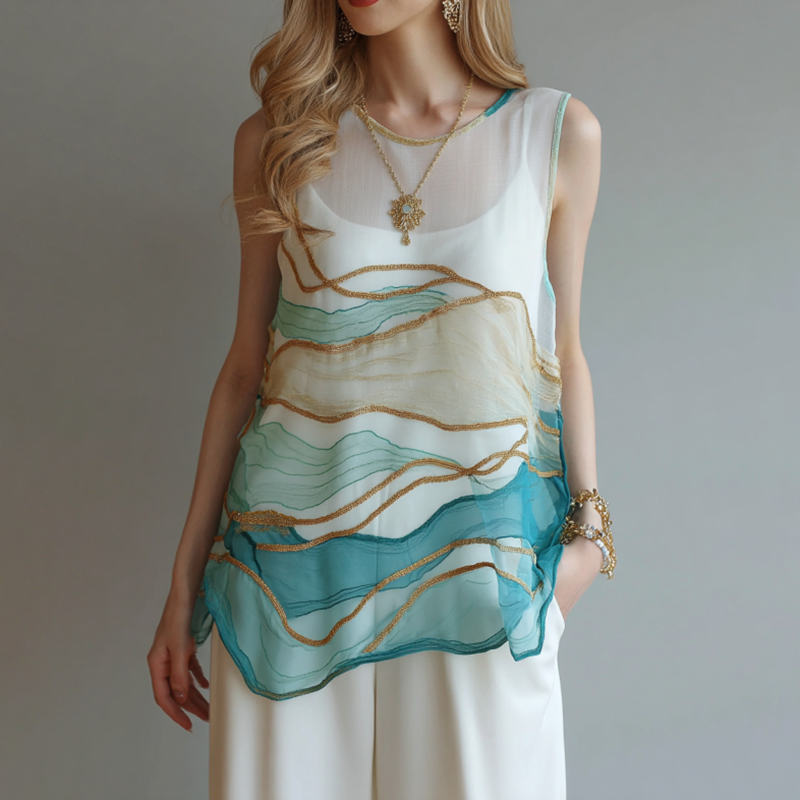 Vintage Marble Texture Collection Retro Bohemia Women Style Gradient Gilded Pattern Linen Tank Top elevenforest