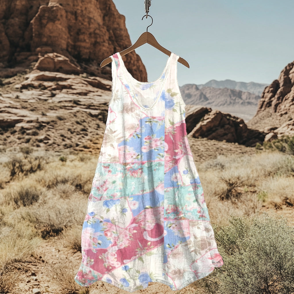 Vintage Floral Patchwork Art Linen Blend Tank Dress elevenforest