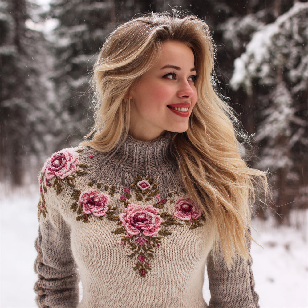 Comstylish Vintage Rose Knit Embroidered Art Women's High-neck Icelandic Sweater