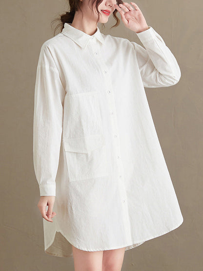 Simple Buttoned Lapel Collar Long Sleeves Blouse