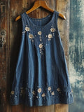 Vintage Floral Embroidered Crew Neck Linen Tank Top elevenforest