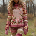 Women's Retro Color Block  Rose Floral Art High Neck Cozy Sweater elevenforest