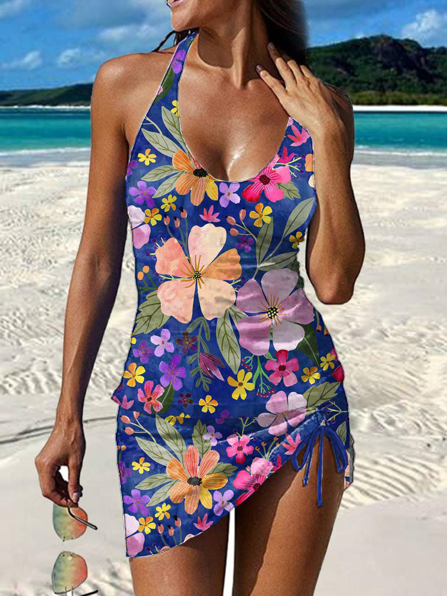 Women's Floral Printed Shirred Swimsuit Set