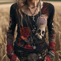 Women's Flower-skull Long-sleeved Black Vintage Top elevenforest