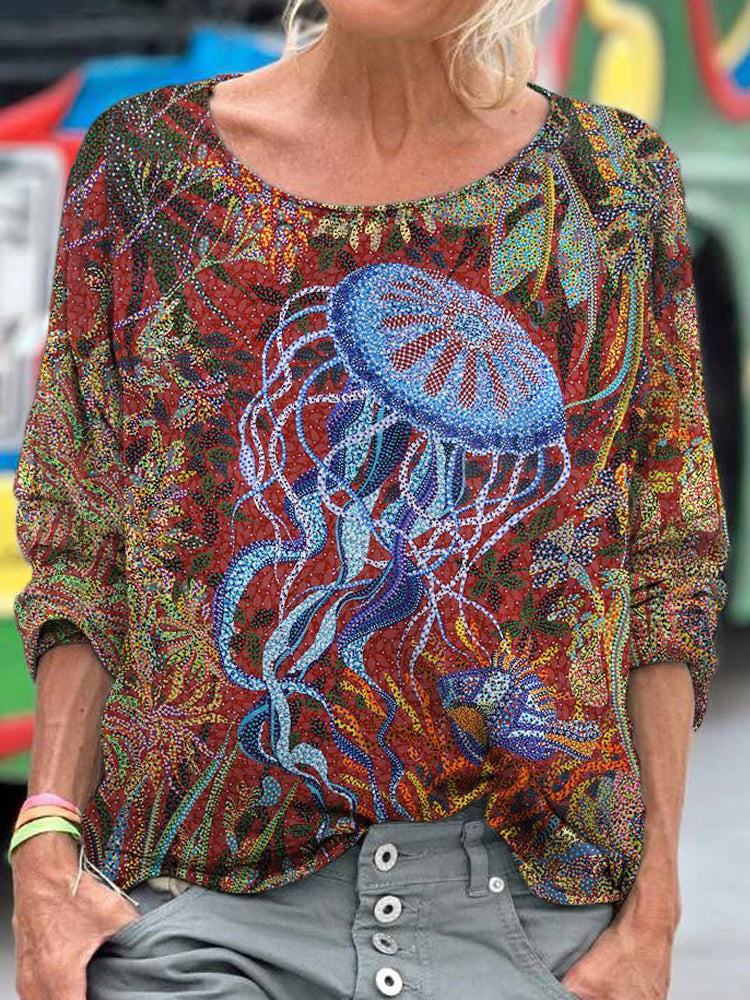 Comstylish Ocean Jellyfish Pattern Women's Linen Shirt
