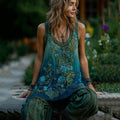 Vintage Classy Gradient Blue Rose And Floral Embroidered Pattern Linen Tank Top elevenforest