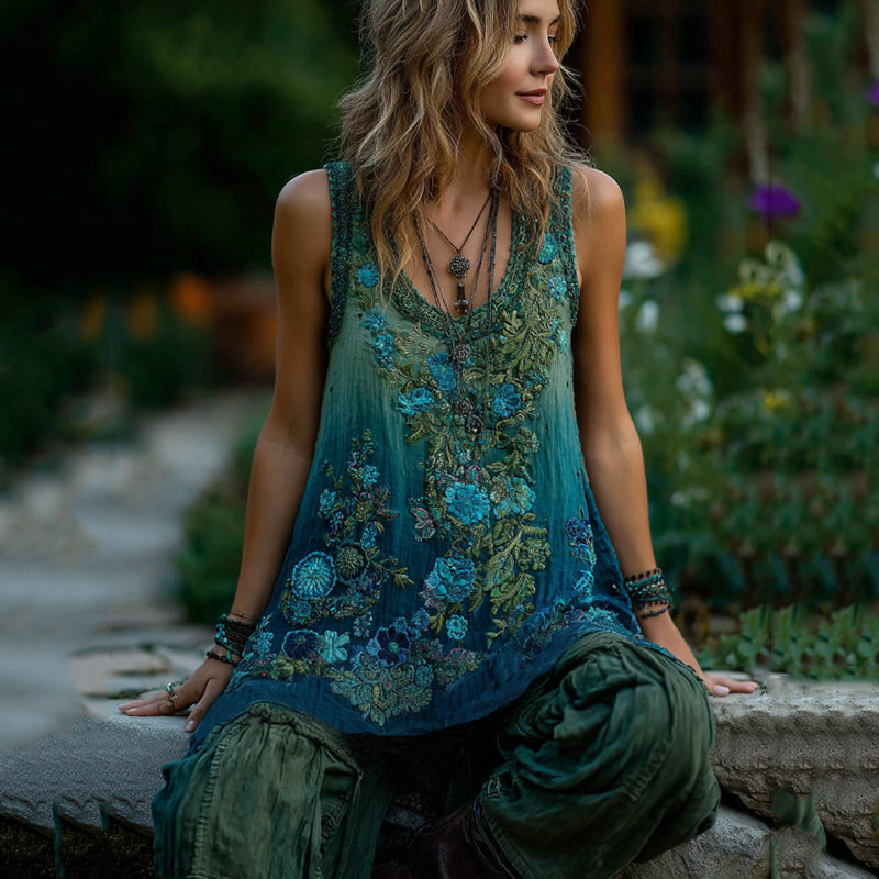 Vintage Classy Gradient Blue Rose And Floral Embroidered Pattern Linen Tank Top elevenforest