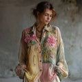 Boho Pink Roses Embroidered Colorblock Lace Stitched Linen Blouse elevenforest