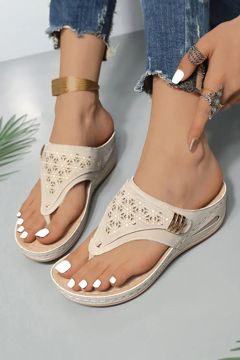 Beige Hollow Out Wedge Slippers