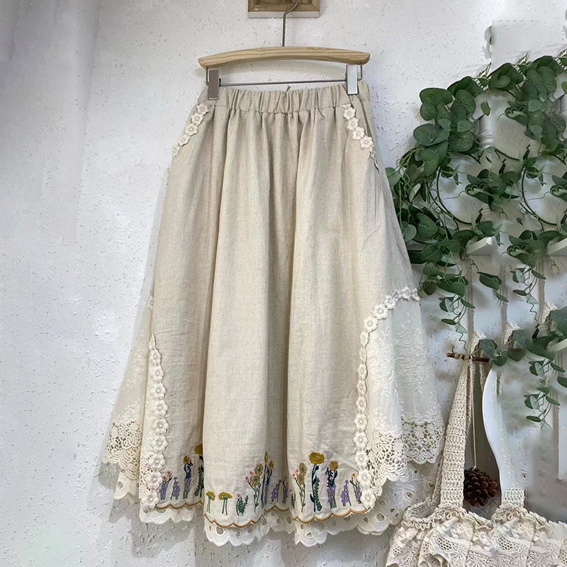 Women's Elegant Lace Flowers Embroidery Art Linen Blend Skirt elevenforest