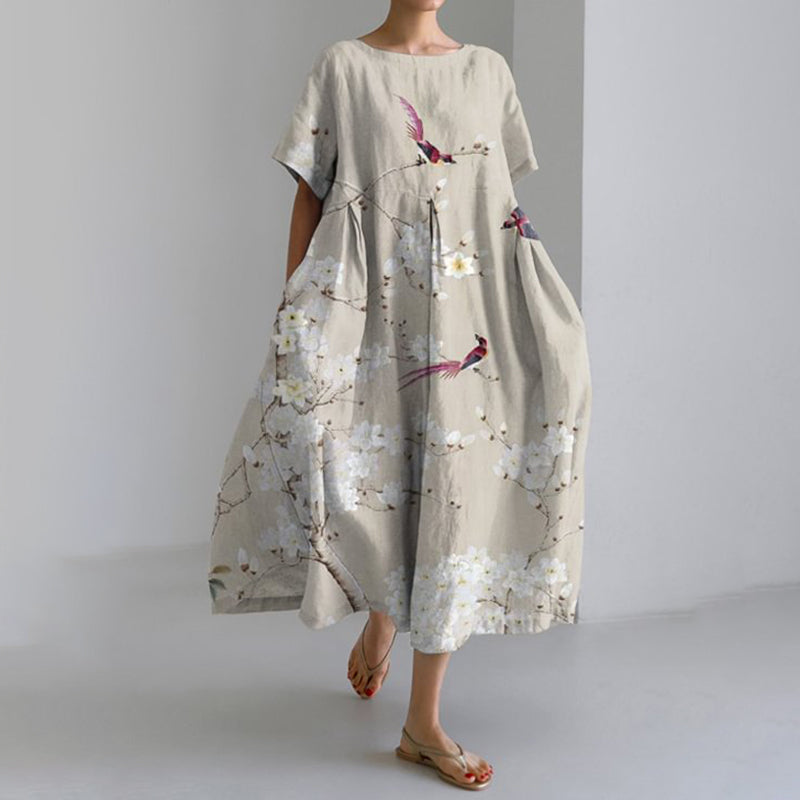 Floral Print Crew Neck Short Sleeve Loose Midi Dress elevenforest