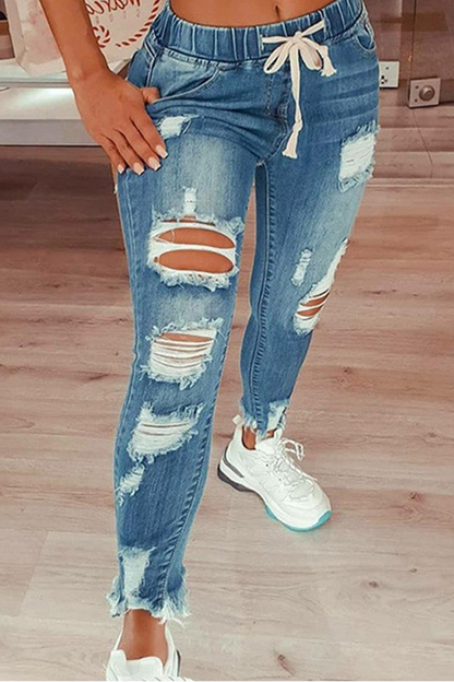 Street Ripped Draw String Skinny Denim Jeans(4 Colors)