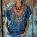 Vintage Bohemian Ethnic Floral Linen Art Print Short Sleeve V-neck Shirt elevenforest