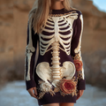Comstylish Halloween Human Anatomy Pattern And Flower Pattern Combined Design Women's Round Neck Knit Sweater Dress