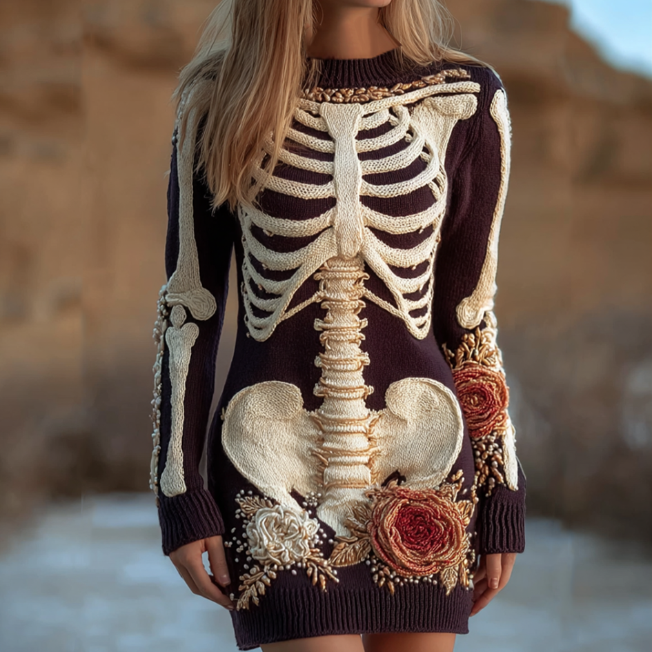 Comstylish Halloween Human Anatomy Pattern And Flower Pattern Combined Design Women's Round Neck Knit Sweater Dress