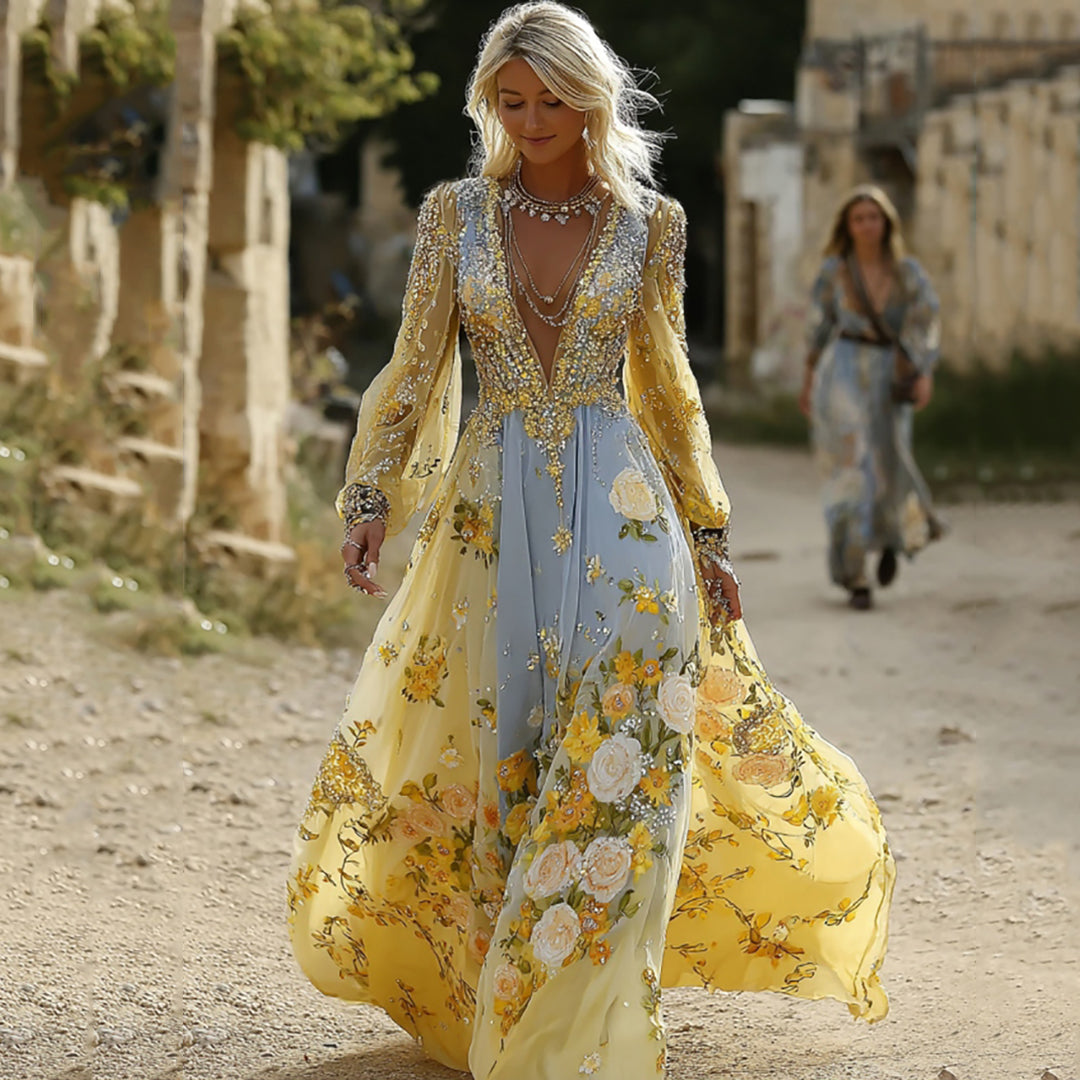 Women's Vintage Yellow Floral Embroidery V Neck Casual Midi Dress elevenforest