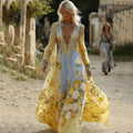 Women's Vintage Yellow Floral Embroidery V Neck Casual Midi Dress elevenforest