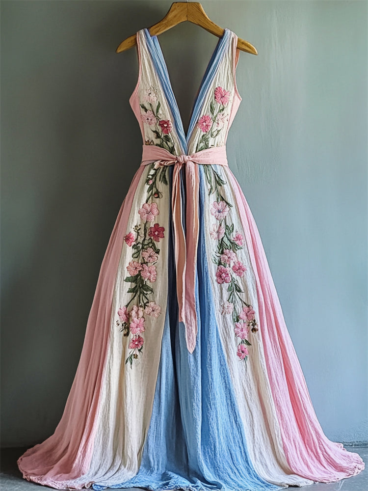 Floral Embroidered Transgender Colorblock Linen Maxi Dress elevenforest