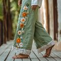 Retro Boho Floral Lace Embroidery Art Cotton Linen Wide Leg Pants elevenforest