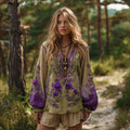 Vintage Purple Floral Embroidery Linen V Neck Long Sleeve Shirt elevenforest