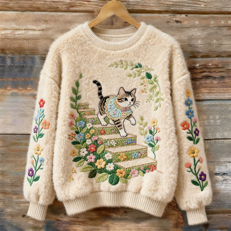 Cute Cat Walking On A Staircase Covered With Flowers Art Women's Cozy Plush Sweater elevenforest