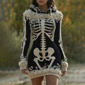 Comstylish Women's Halloween Skeleton Bones With Roses Art Cozy Knit Hooded Sweater Dress
