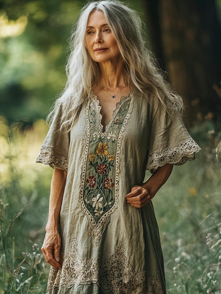 Forest Floral Embroidery Lace Trim Vintage Women's Linen Dress elevenforest