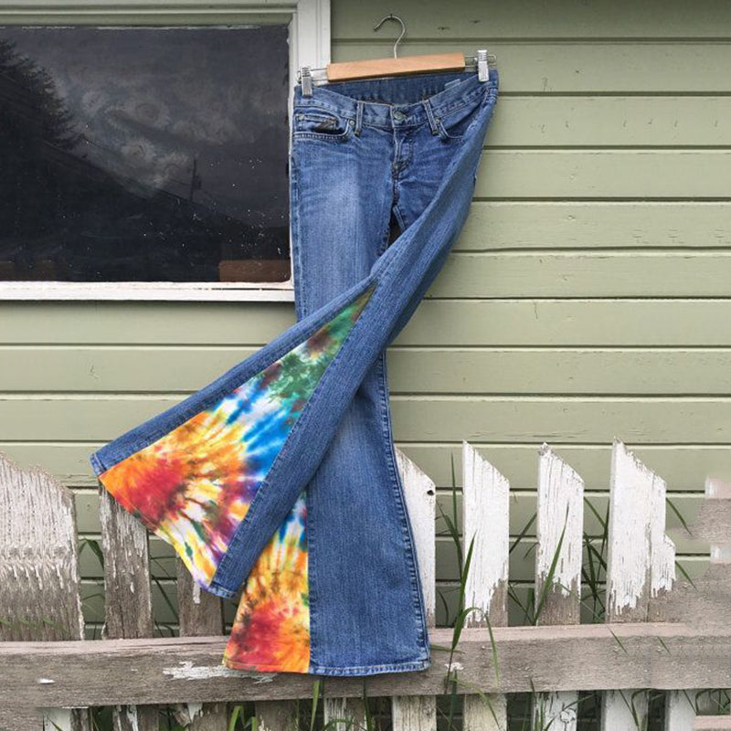 Retro Bohemian Tie Dye Pattern Patchwork Flared Jeans elevenforest
