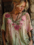 Boho Pink Roses 3d Embroidered Glitter Gradient Linen Shirt elevenforest