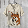 Vintage Shiba Inu Dog Japanese Art Print Linen Blend Comfy Shirt elevenforest