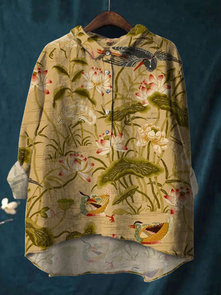 Colorful Watercolor Lotus  Print Cotton And Linen Shirt