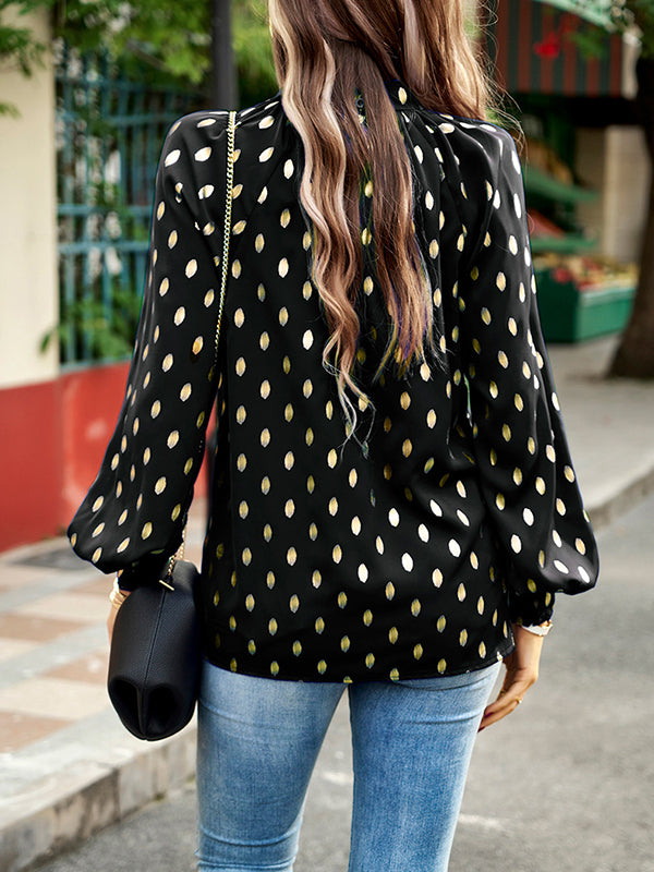 Long Sleeves Loose Bronzing Hollow Mock Neck Blouses&shirts Tops