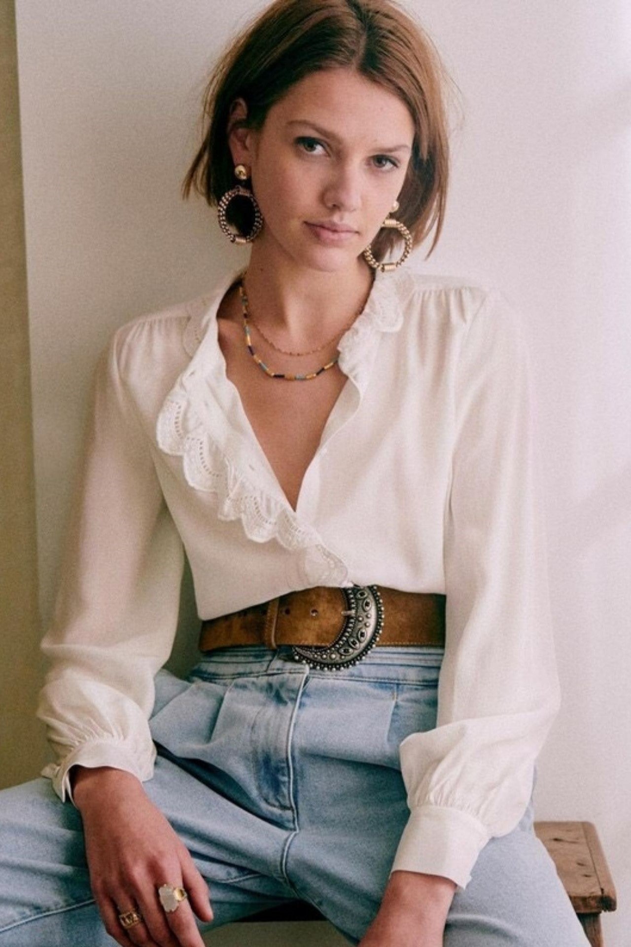 Silk Long Sleeve V-neck Blouse White