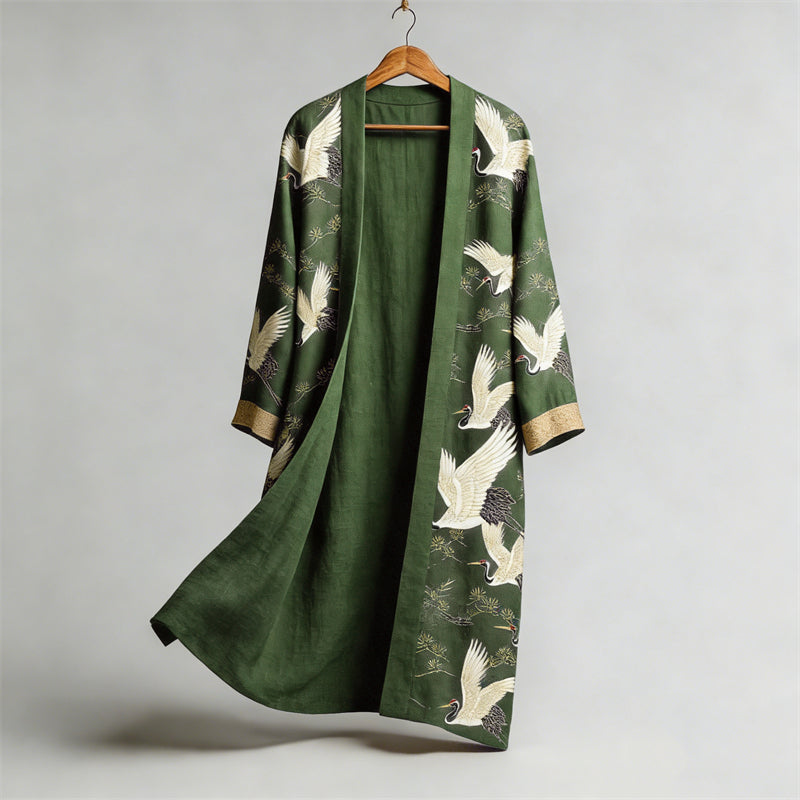 Japanese Cranes & Pine Trees Flowy Linen Long Kimono elevenforest