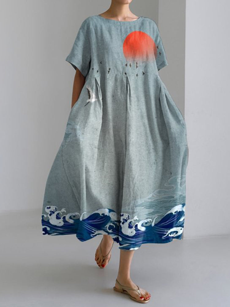 Japanese Art Print Short Sleeve Loose Midi Dress