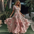Women's Vacation Rose Floral Print Short Sleeve Dress elevenforest