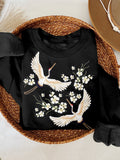 Japanese Flowesr & Cranes Embroidery Art Comfy Sweatshirt elevenforest