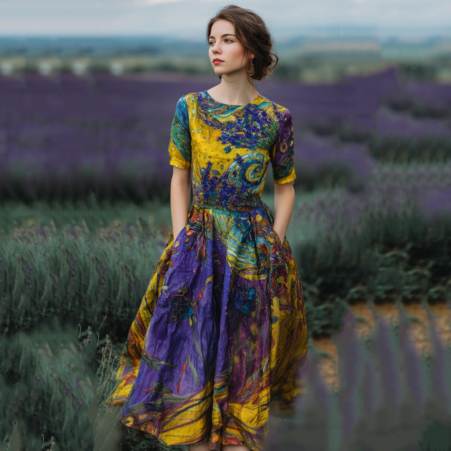 Vintage Lavender Starry Sky Oil Painting Print Linen Midi Dress elevenforest