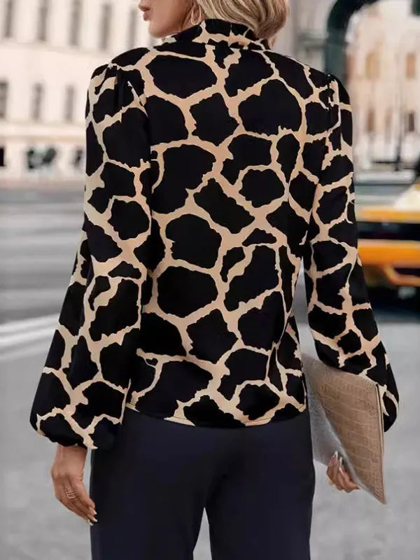 Loose Puff Sleeves Printed Split-joint Streamer V-neck Blouses