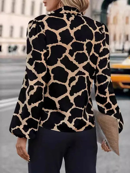 Loose Puff Sleeves Printed Split-joint Streamer V-neck Blouses