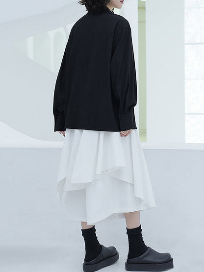 Loose Puff Sleeves Asymmetric Lace-up See-through Color Split-joint Lapel Blouses