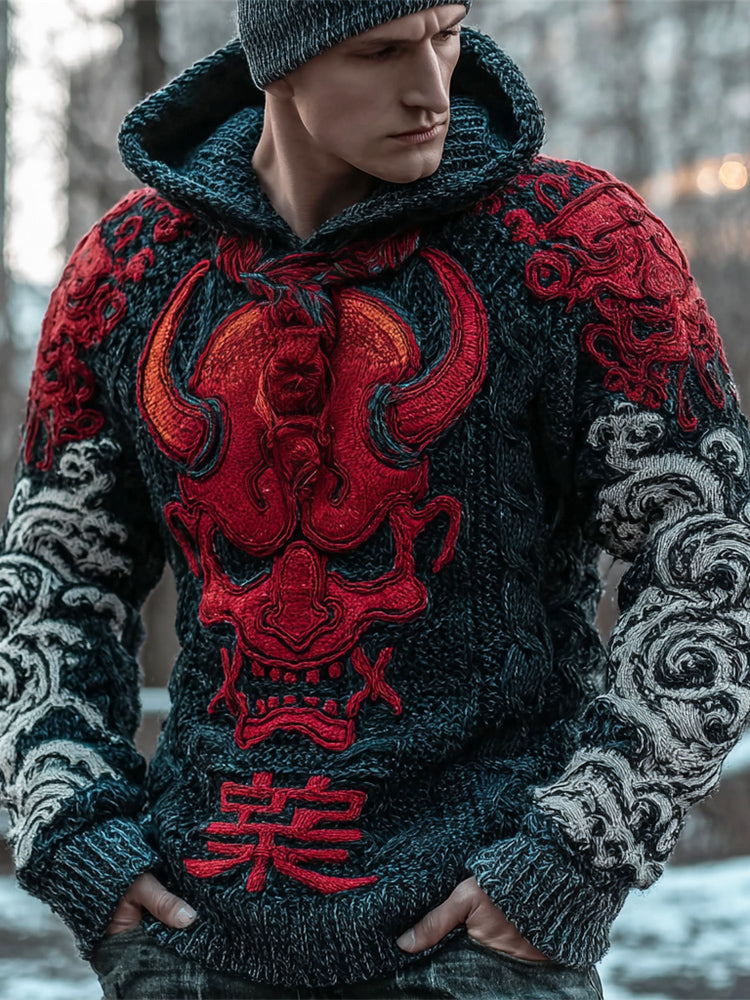 Halloween Japanese Ghost Art Men's Chunky Knit Hooded Sweater elevenforest