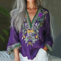 Comstylish Vintage Floral Embroidery Linen Art V-neck Shirt