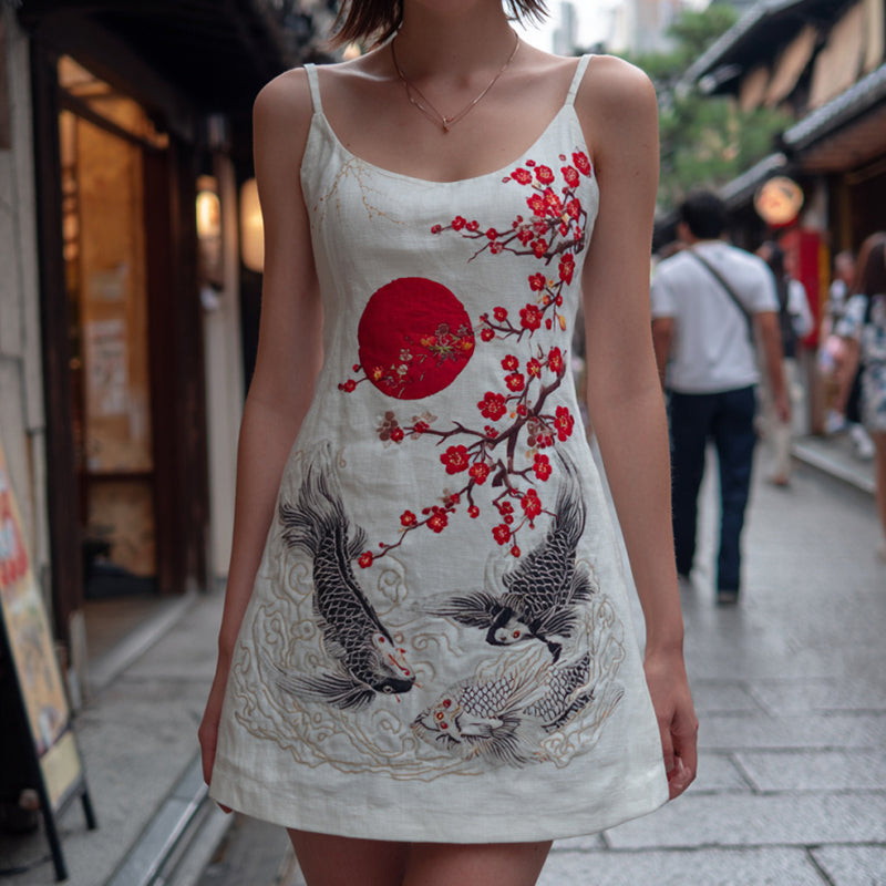 Women's Koi And Plum Blossoms Japanese Art Suspenders Mini Dress elevenforest