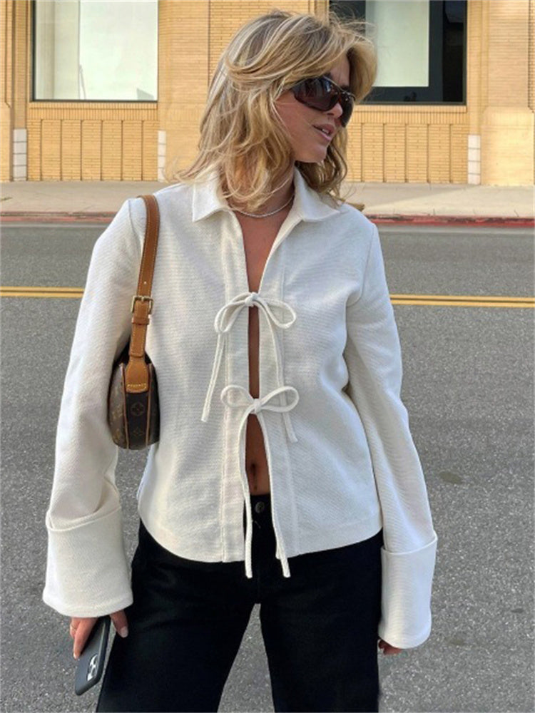Tossy Lace-up Hollow Out Lapel Cardigan Coat High Waist Patchwork Slim Bandage Outwear Clothes