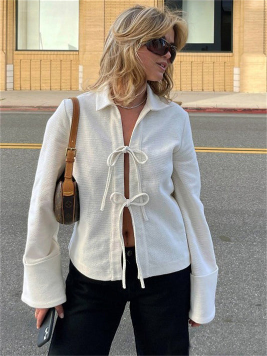 Tossy Lace-up Hollow Out Lapel Cardigan Coat High Waist Patchwork Slim Bandage Outwear Clothes