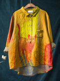 Vintage Funny Cat Art Print Casual Cotton And Linen Shirt