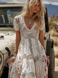 Bohemian Western Style Floral Pattern Vintage Cotton And Linen Embroidered White V-neck Short-sleeved Long Dress elevenforest